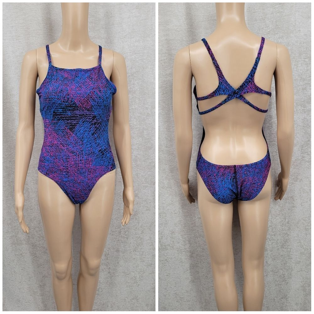 Speedo Endurance Blue Purple Hot Pink Patterned One Piece Swimsuit Open Back - Picture 13 of 16